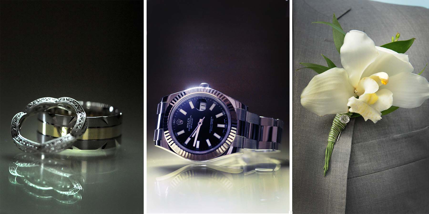 astonishing wedding apparel details groom ring wrist-watch buttonhole flower colored photo collage by lavimage montreal