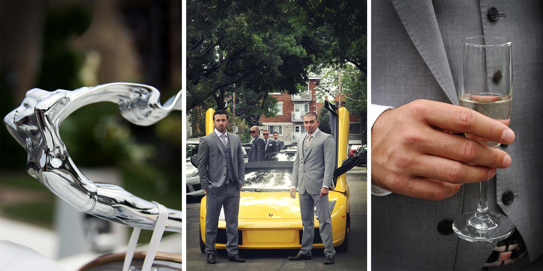 astonishing wedding groom best man waiting moments sport car glass champagne colored photo collage by lavimage montreal