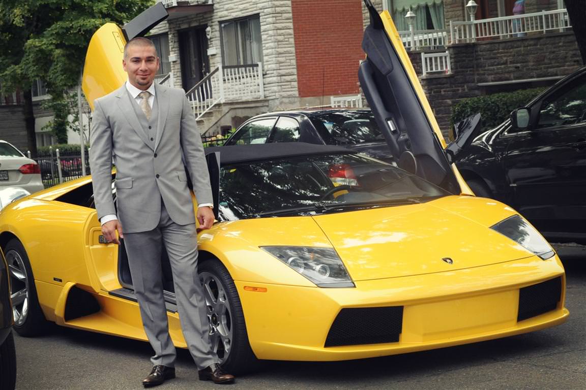 astonishing wedding groom portrait with yellow sports car colored wedding photo by lavimage montreal