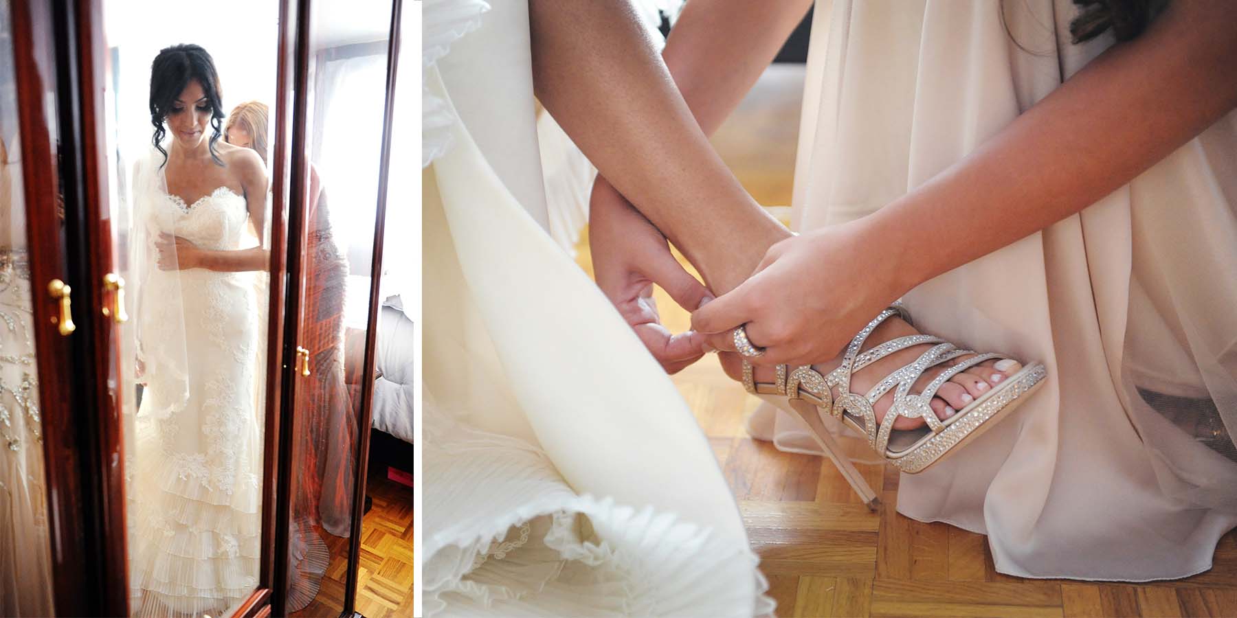 astonishing wedding getting ready bride dress shoes close-up colored photo collage by lavimage montreal