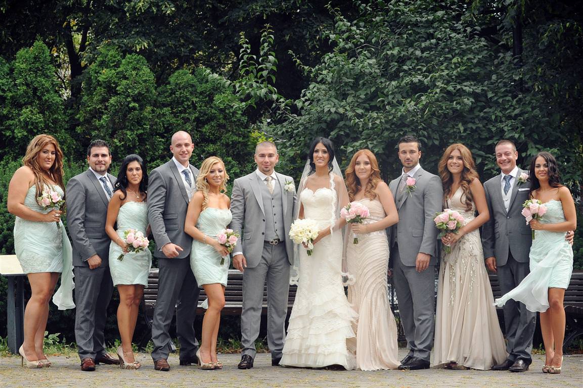 astonishing wedding group portrait couple best men bridesmaids colored wedding photo by lavimage montreal