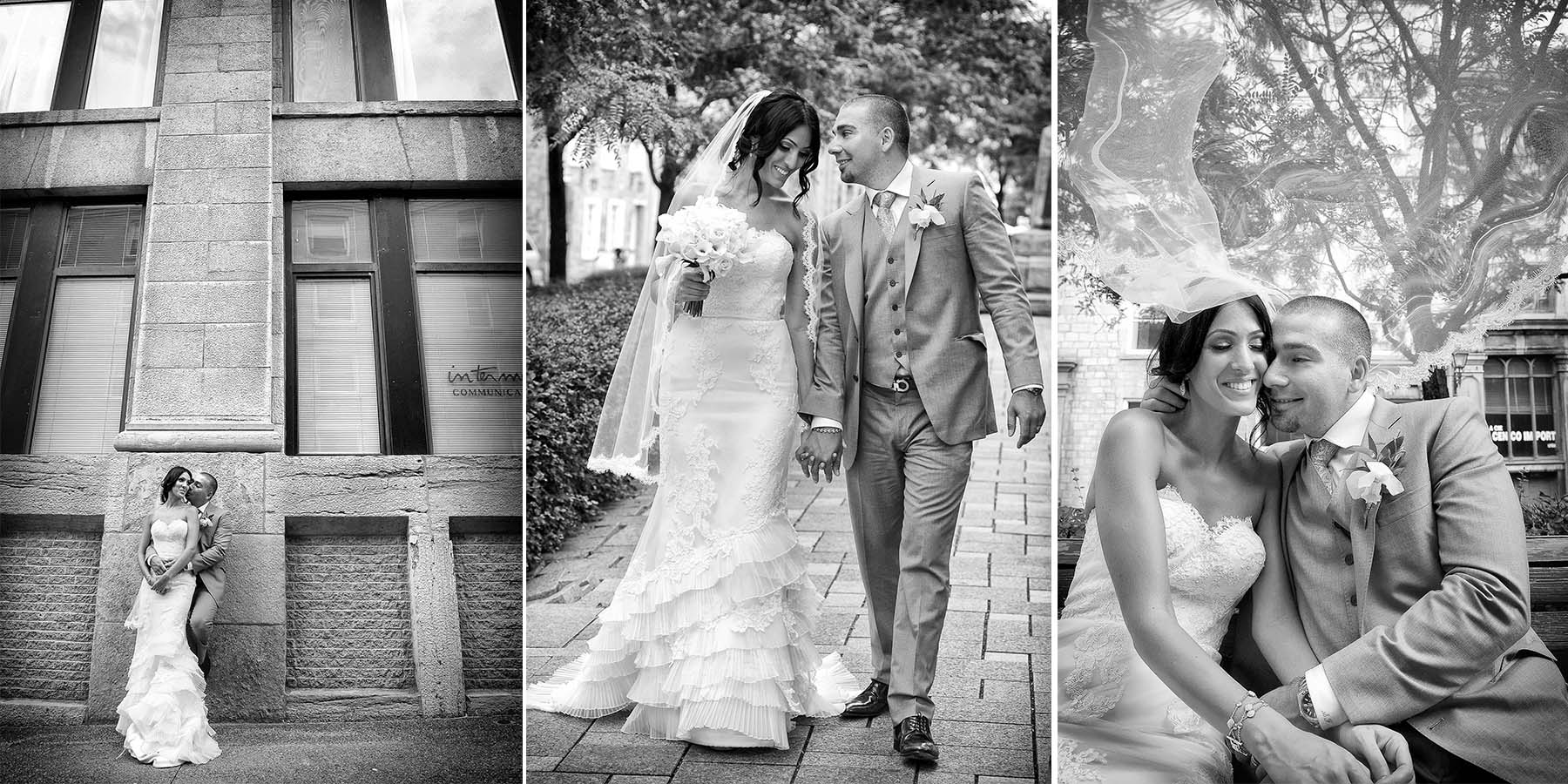 astonishing wedding couple together romantic city walk moments black white photo collage by lavimage montreal