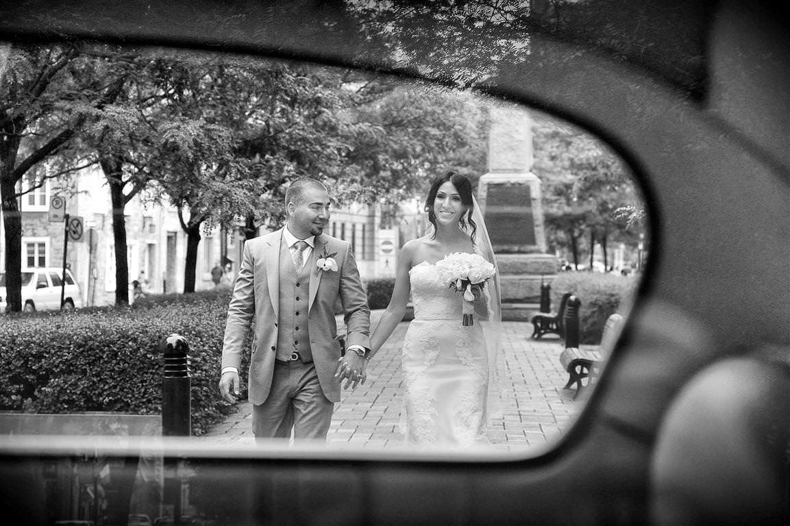 astonishing wedding couple together city walk black white artistic shot by lavimage montreal