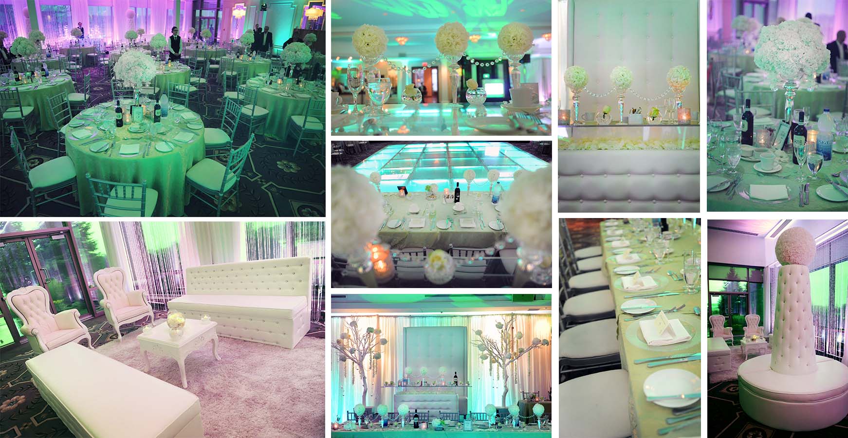 astonishing wedding reception hall decoration details tables sofas white flowers colored photo collage by lavimage montreal