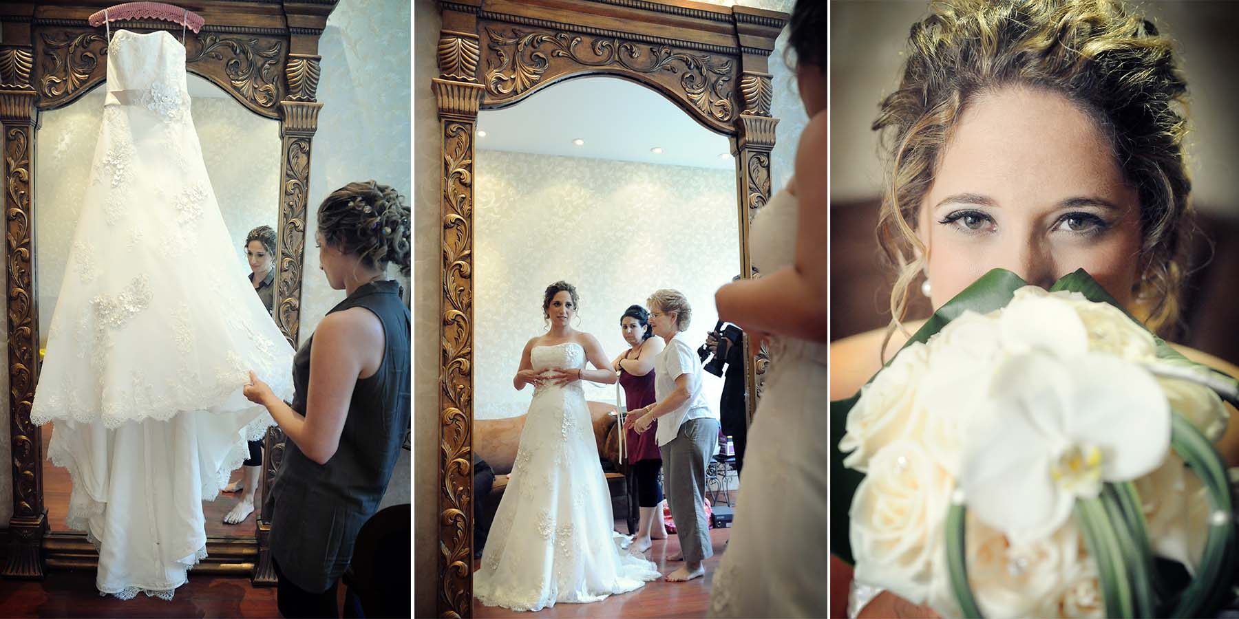 charming wedding getting ready bride beauty shot with flowers dress close-up reflection colored wedding photos by lavimage montreal