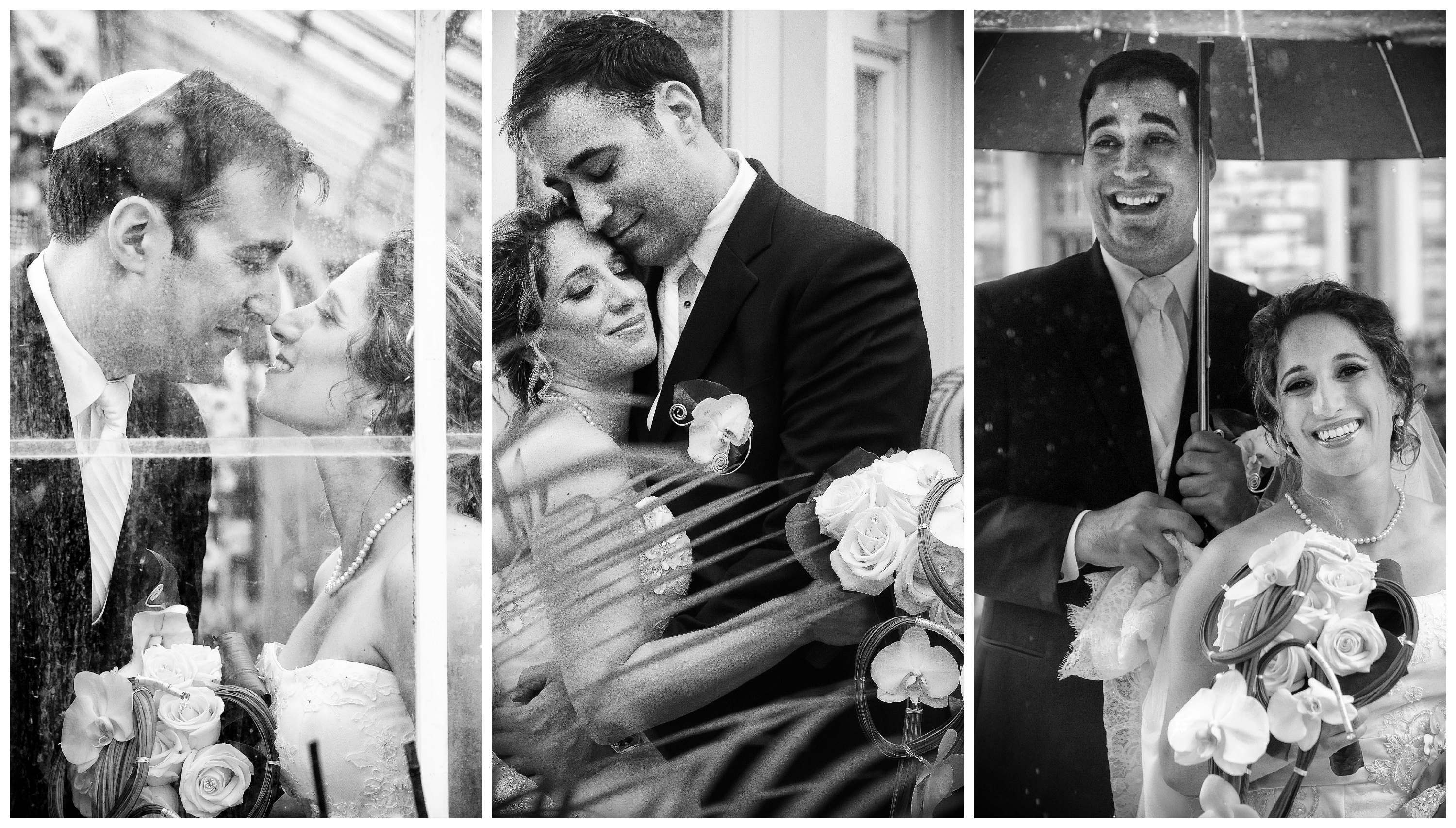 charming wedding couple together romantic walk under rain black white photo collage by lavimage montreal