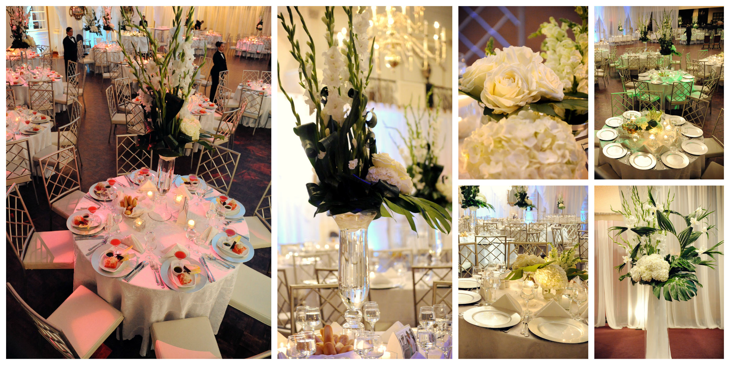 charming wedding reception hall decoration details tables flowers plates colored photo collage by lavimage montreal