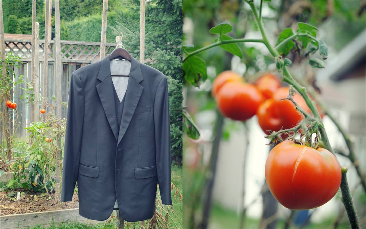 heavenly wedding groom jacket with tomatoes on background creative shot by lavimage montreal