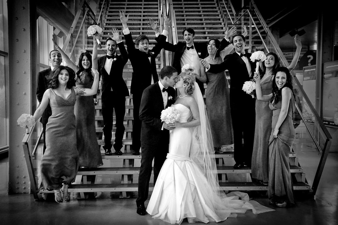 black white wedding photos bride groom bridesmaids best men happiness by lavimage montreal at the Science Centre Wedding