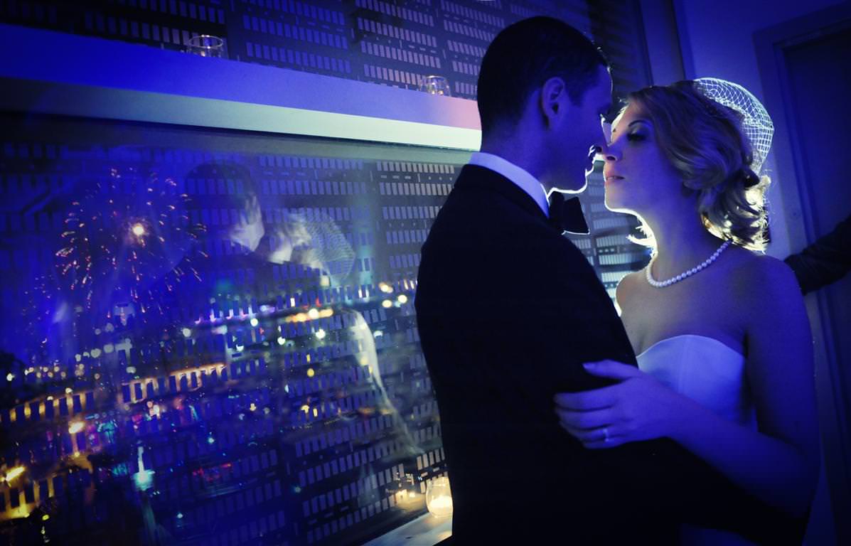 colored wedding photos bride groom evening romantic embrace by lavimage montreal at the Science Centre Wedding