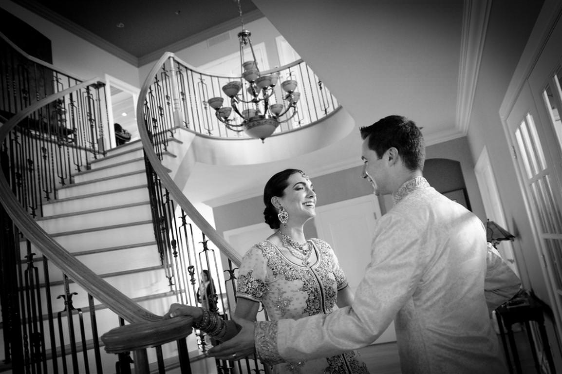 black white wedding photos bride groom meeting moment happiness stairs by lavimage montreal