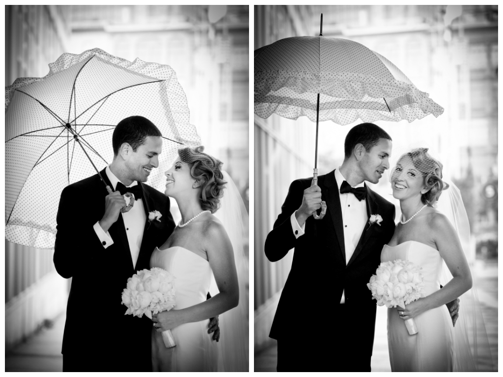 black white wedding photos couple together romantic moment umbrella by lavimage montreal at the Science Centre Wedding