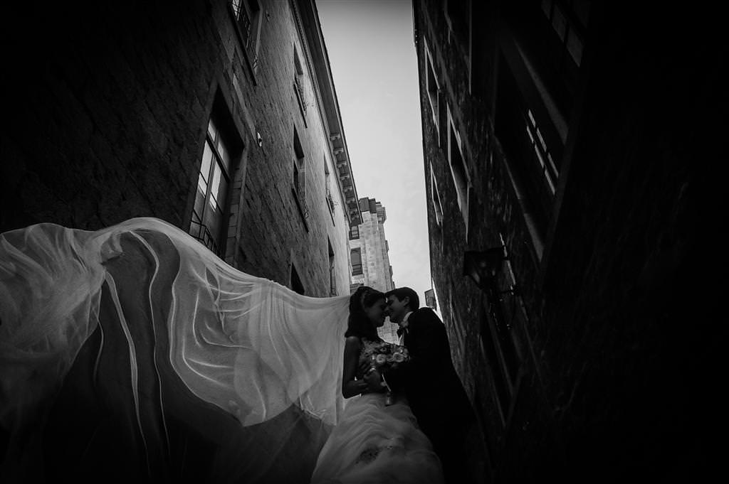 Bride and groom together portrait in Old port Montreal Bride with bridesmaids at the Golf St Raphael wedding photographed by La V image wedding photographer montreal