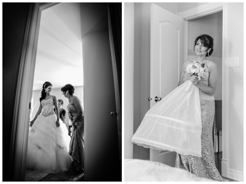  Bride gets ready, mother of the bride looks at her daughter at the Golf St Raphael photographed by La V image wedding photographer montreal