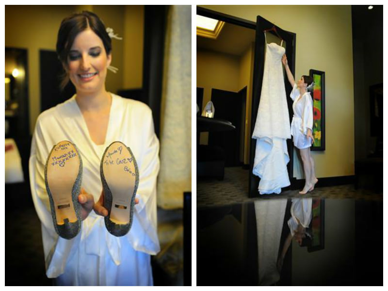 Bride looking at her shoes and dress-Wedding at the Science Centre Montreal by La V image-Montreal wedding photographer