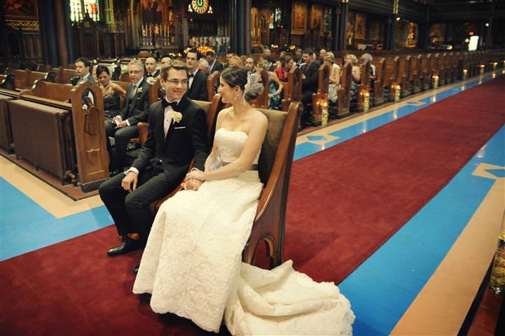 Bride and groom at the ceremony in the Notre Dame Basilica Church Wedding at the Science Centre Montreal by La V image-Montreal wedding photographer