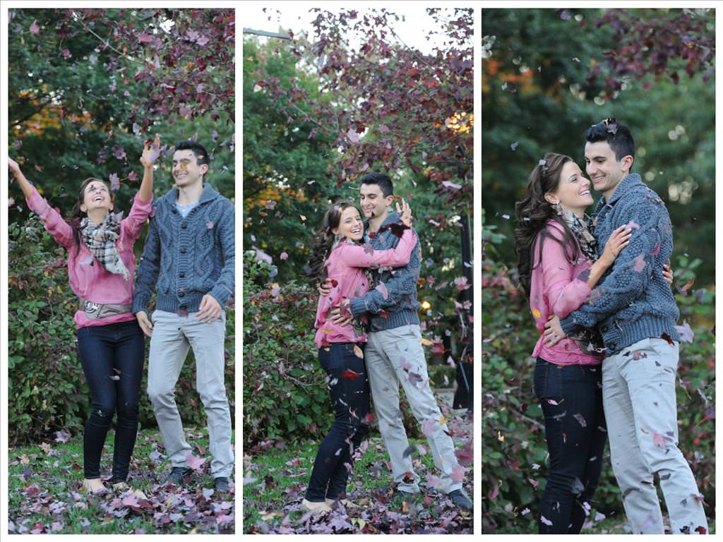 Couple playing with colourful leaves Engagement session at the botanical garden of Montreal by la V image